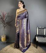 Navy blue banarasi soft silk checked body with floral motifs south pattu saree