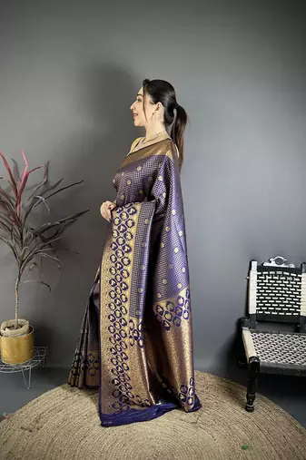Navy blue banarasi soft silk checked body with floral motifs south pattu saree