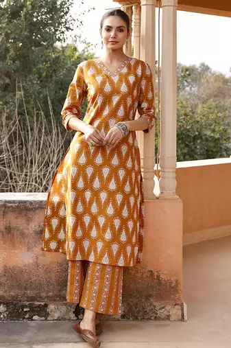 Mustard color cotton blended designer trendy top bottom set for trendy girls