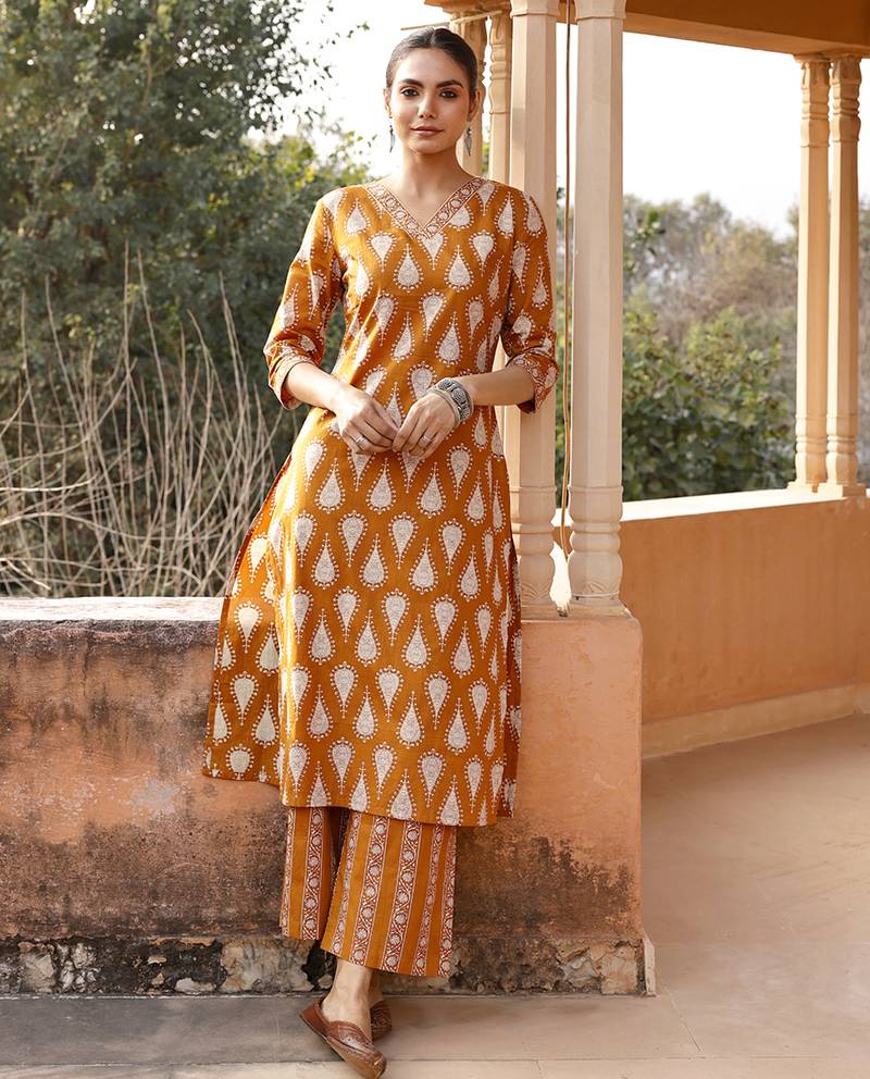 Mustard color cotton blended designer trendy top bottom set for trendy girls