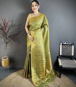 Olive banarasi soft silk checked body with floral motifs south pattu saree