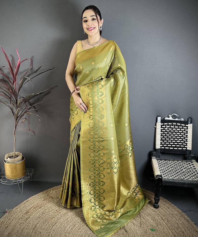 Olive banarasi soft silk checked body with floral motifs south pattu saree