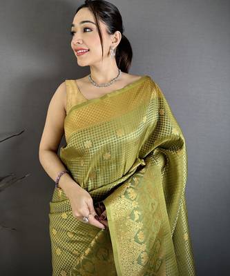 Olive banarasi soft silk checked body with floral motifs south pattu saree 3
