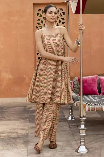 Beige color cotton blended designer trendy top bottom set for trendy girls