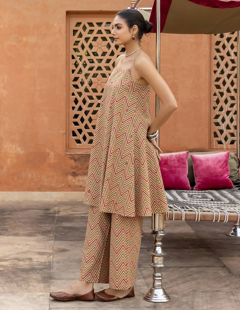 Beige color cotton blended designer trendy top bottom set for trendy girls