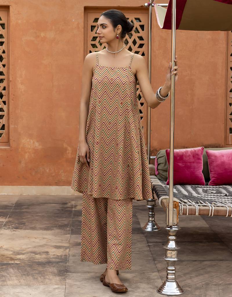 Beige color cotton blended designer trendy top bottom set for trendy girls