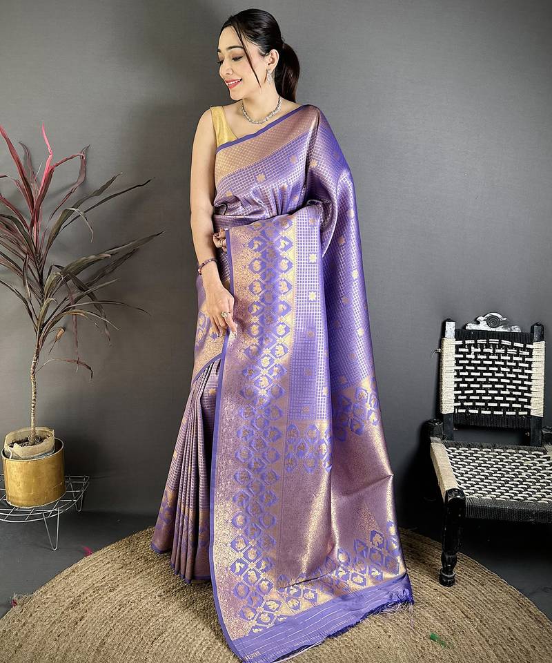 Lavender banarasi soft silk checked body with floral motifs south pattu saree