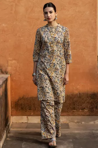 Beige color cotton blended designer trendy top bottom set for trendy girls