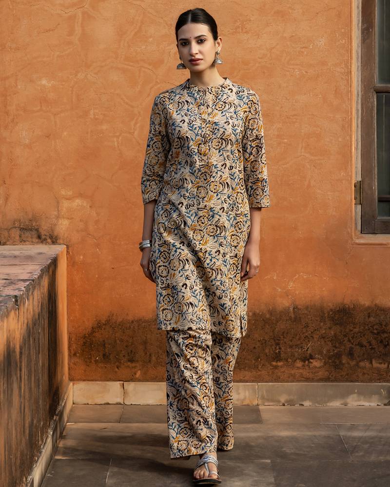 Beige color cotton blended designer trendy top bottom set for trendy girls