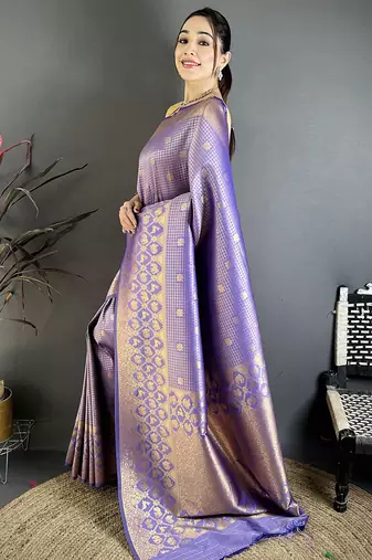 Lavender banarasi soft silk checked body with floral motifs south pattu saree