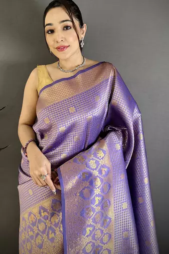 Lavender banarasi soft silk checked body with floral motifs south pattu saree