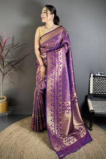 Purple banarasi soft silk checked body with floral motifs south pattu saree