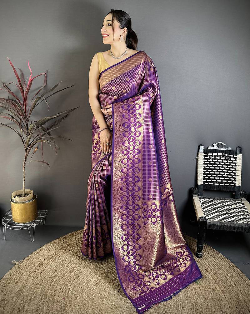 Purple banarasi soft silk checked body with floral motifs south pattu saree
