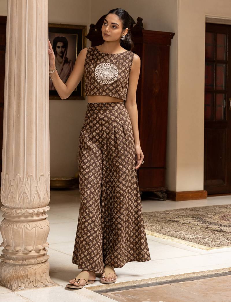 Brown color cotton blended designer trendy top bottom set for trendy girls