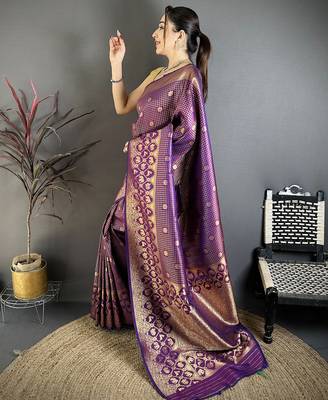 Purple banarasi soft silk checked body with floral motifs south pattu saree 2