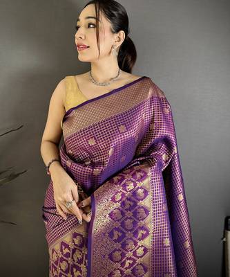 Purple banarasi soft silk checked body with floral motifs south pattu saree 3