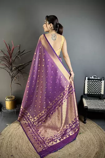 Purple banarasi soft silk checked body with floral motifs south pattu saree