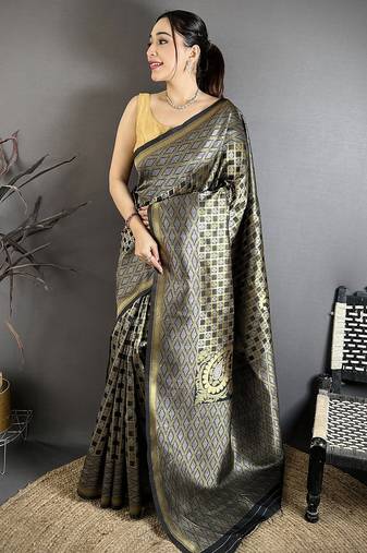 Black soft silk geometric woven design zari weaving banarasi saree