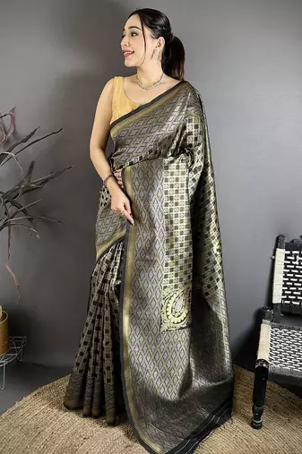 Black soft silk geometric woven design zari weaving banarasi saree