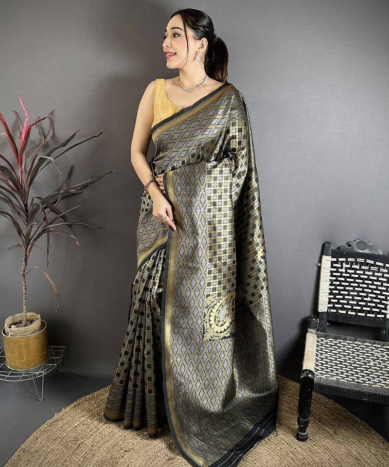 Black soft silk geometric woven design zari weaving banarasi saree