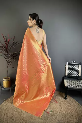 Peach banarasi soft silk checked body with floral motifs south pattu saree
