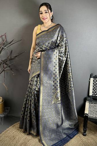 Blue soft silk geometric woven design zari weaving banarasi saree