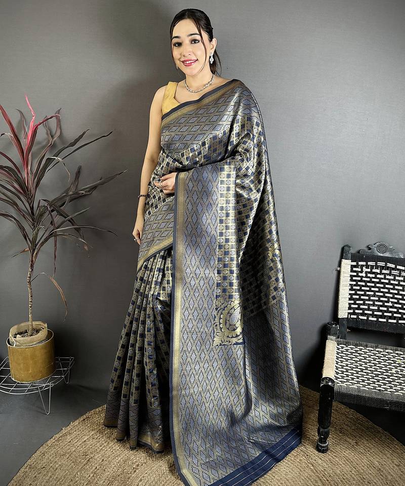 Blue soft silk geometric woven design zari weaving banarasi saree