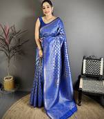 Royal blue soft silk geometric woven design zari weaving banarasi saree
