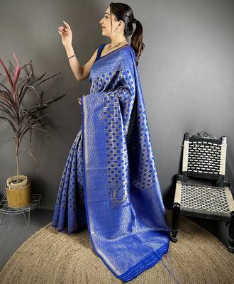 Royal blue soft silk geometric woven design zari weaving banarasi saree 2