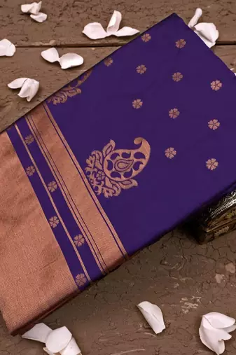 Blue silk blend banarasi saree with unstitched blouse piece