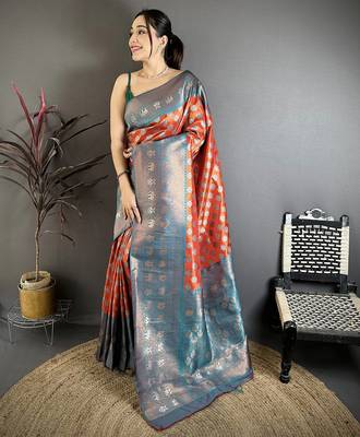 Orange tissue silk floral pattern with copper motifs banarasi saree 1