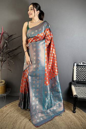 Orange tissue silk floral pattern with copper motifs banarasi saree