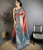 Orange tissue silk floral pattern with copper motifs banarasi saree