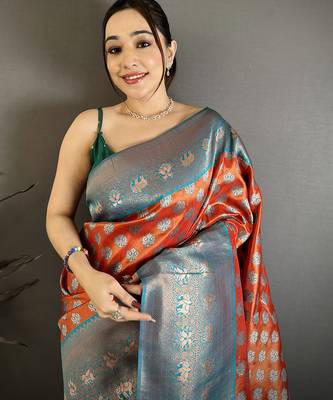 Orange tissue silk floral pattern with copper motifs banarasi saree 3