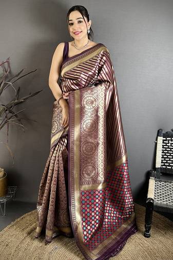 Wine  soft silk geometric pattern zari weaving banarasi saree