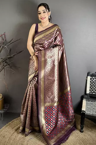 Wine  soft silk geometric pattern zari weaving banarasi saree