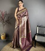 Wine  soft silk geometric pattern zari weaving banarasi saree