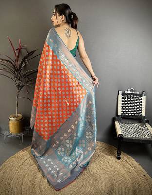 Orange tissue silk floral pattern with copper motifs banarasi saree 4