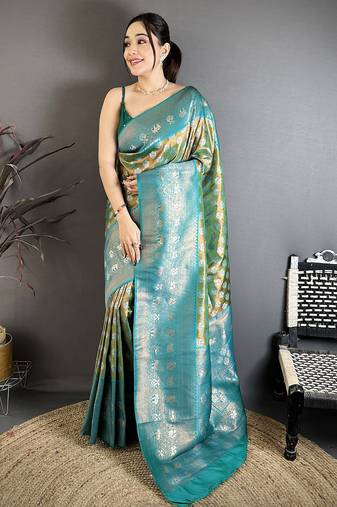 Teal green tissue silk floral pattern with copper motifs banarasi saree