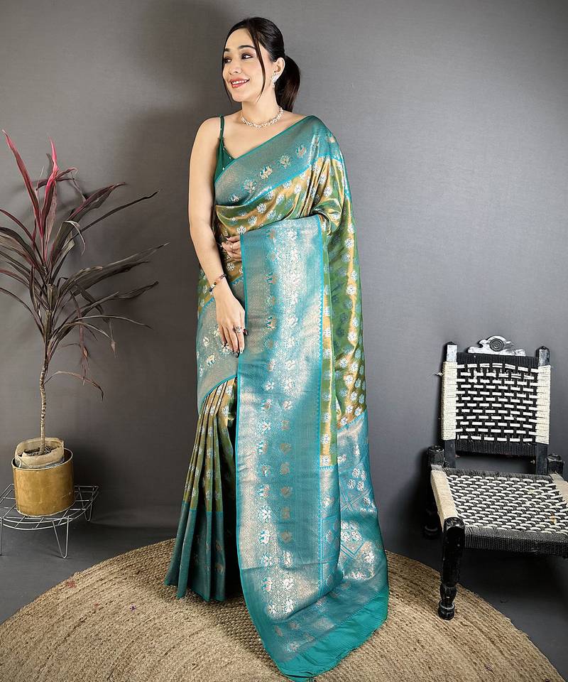 Teal green tissue silk floral pattern with copper motifs banarasi saree