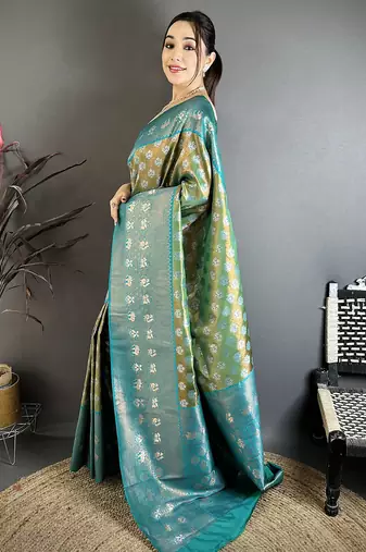 Teal green tissue silk floral pattern with copper motifs banarasi saree
