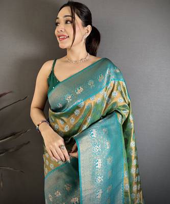 Teal green tissue silk floral pattern with copper motifs banarasi saree 3