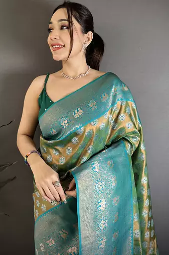 Teal green tissue silk floral pattern with copper motifs banarasi saree