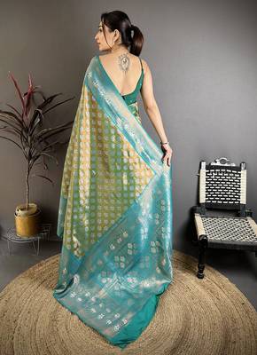 Teal green tissue silk floral pattern with copper motifs banarasi saree 4