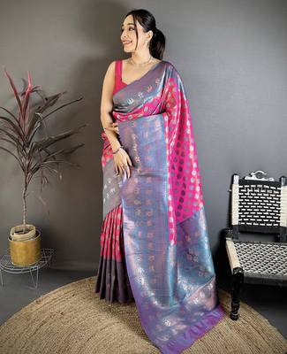 Pink tissue silk floral pattern with copper motifs banarasi saree 1