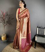 Maroon  soft silk geometric pattern zari weaving banarasi saree