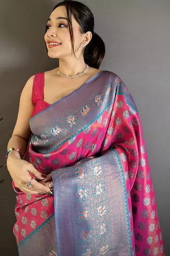 Pink tissue silk floral pattern with copper motifs banarasi saree