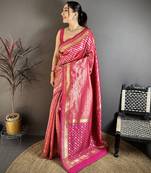 Magenta soft silk geometric pattern zari weaving banarasi saree