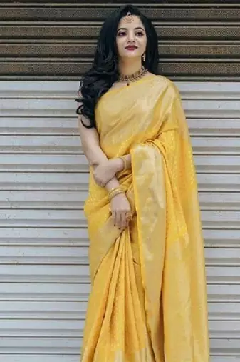Yellow silk blend banarasi saree with unstitched blouse piece
