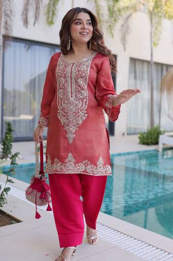 Peach color viscose fabric beautiful fancy ceremonial attire